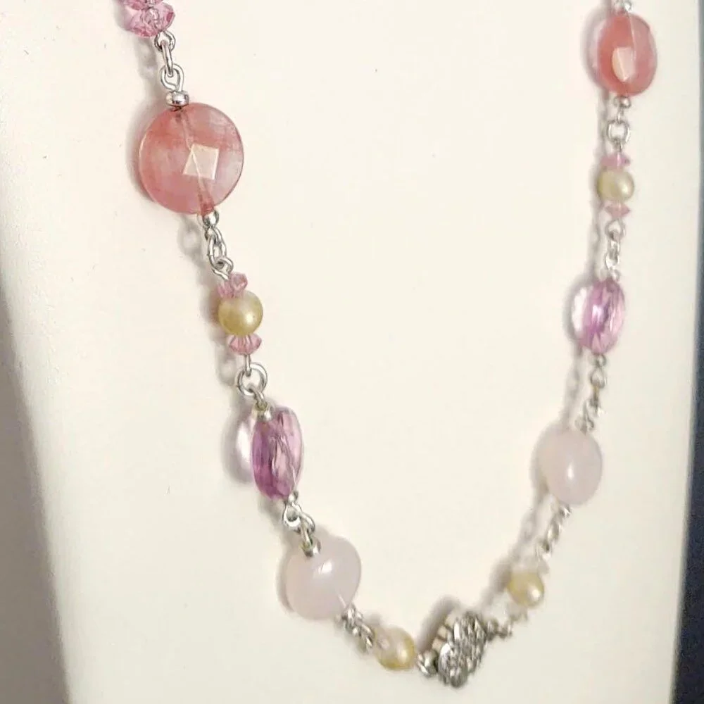 Shades of pink, purple with silver and faux pearl beaded necklace